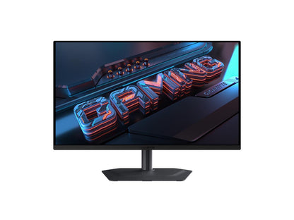 Angled view of GIGABYTE MO27Q2A showing slim bezels, ergonomic stand and vibrant QD-OLED display