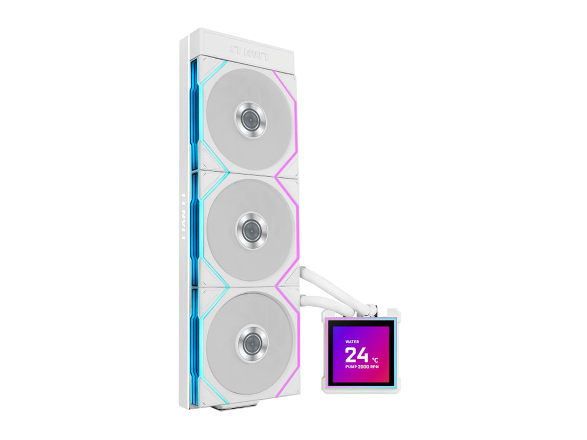 Front profile view of Lian Li Hydroshift II LCD-S 360 TL white AIO liquid cooler