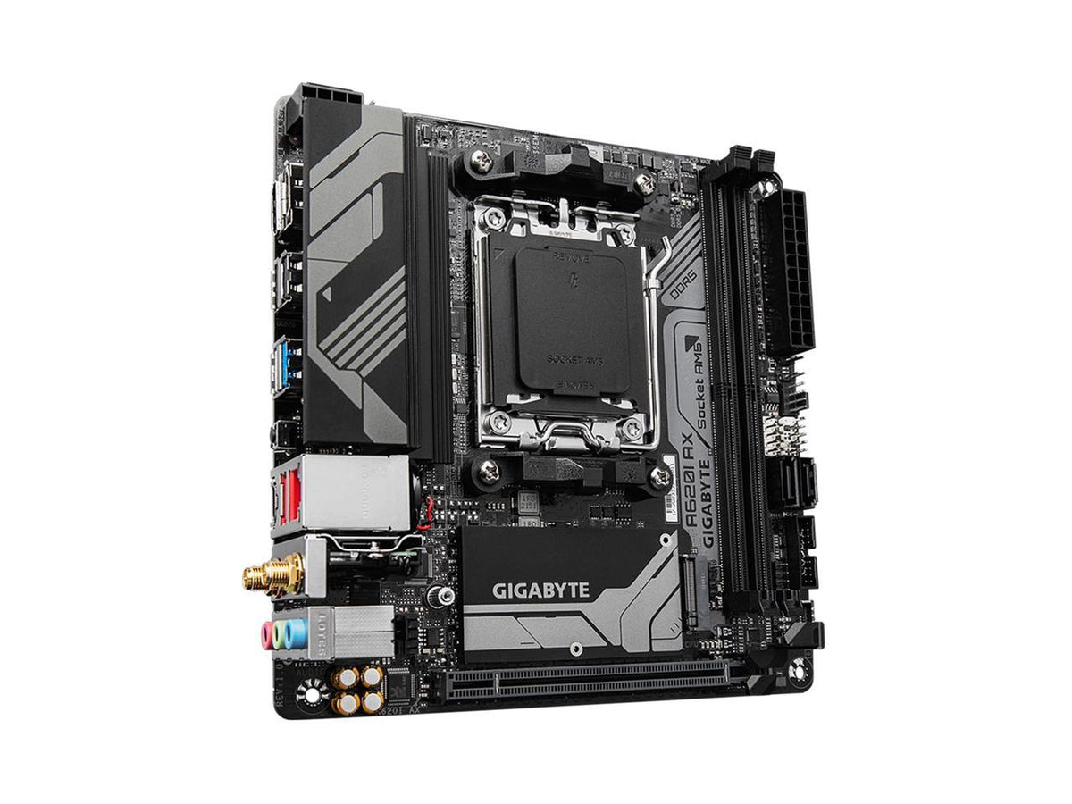 Angled view of A620I AX motherboard featuring VRM heatsinks and RGB lighting