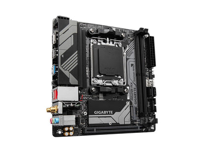 Angled view of A620I AX motherboard featuring VRM heatsinks and RGB lighting