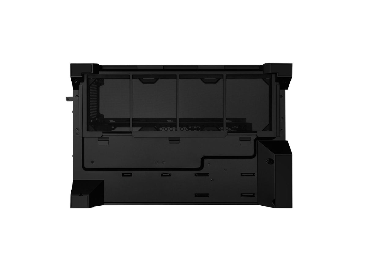 Top-down aesthetic shot of the black Lian-Li O11 Vision-M tempered glass case