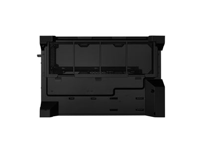 Top-down aesthetic shot of the black Lian-Li O11 Vision-M tempered glass case