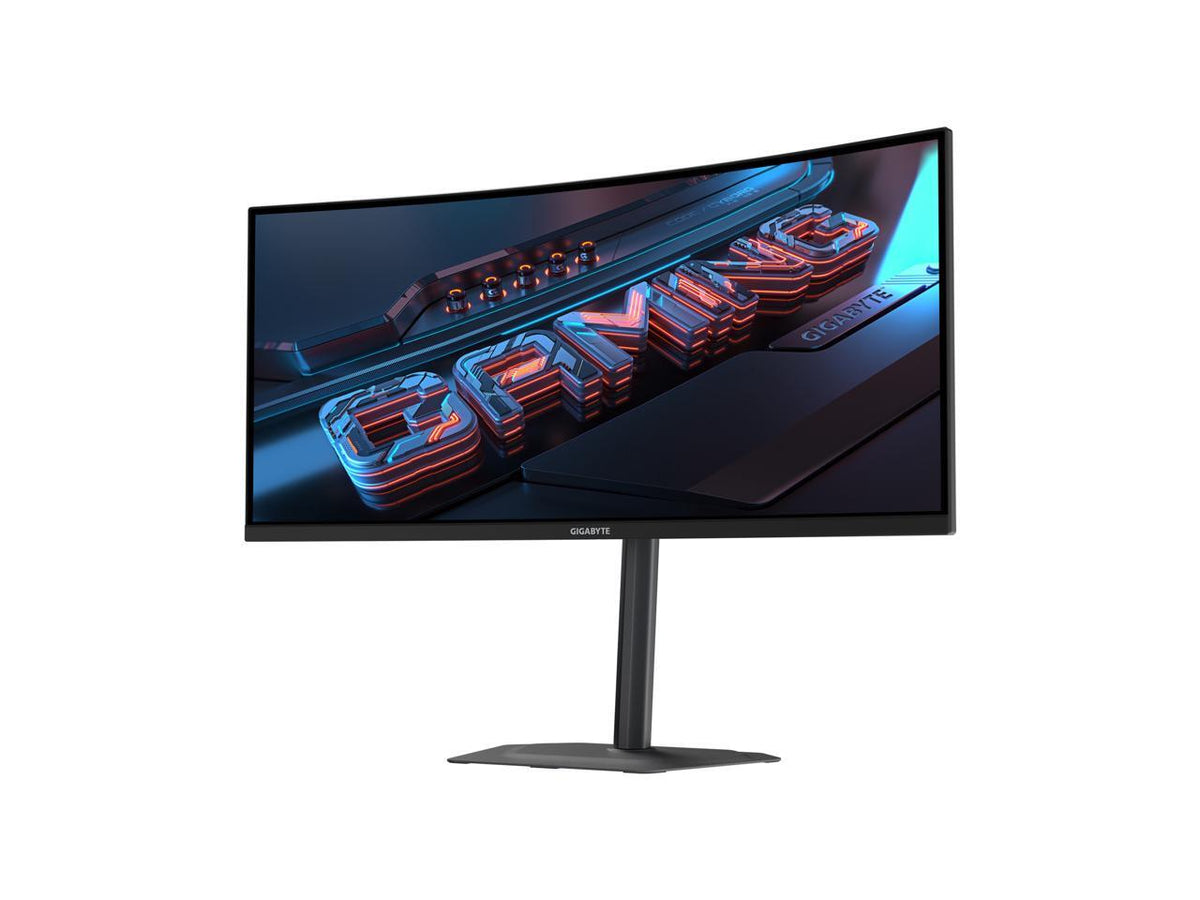 Gigabyte G34WQC2 rear view showing ports and stand, curved 34-inch VA panel gaming monitor
