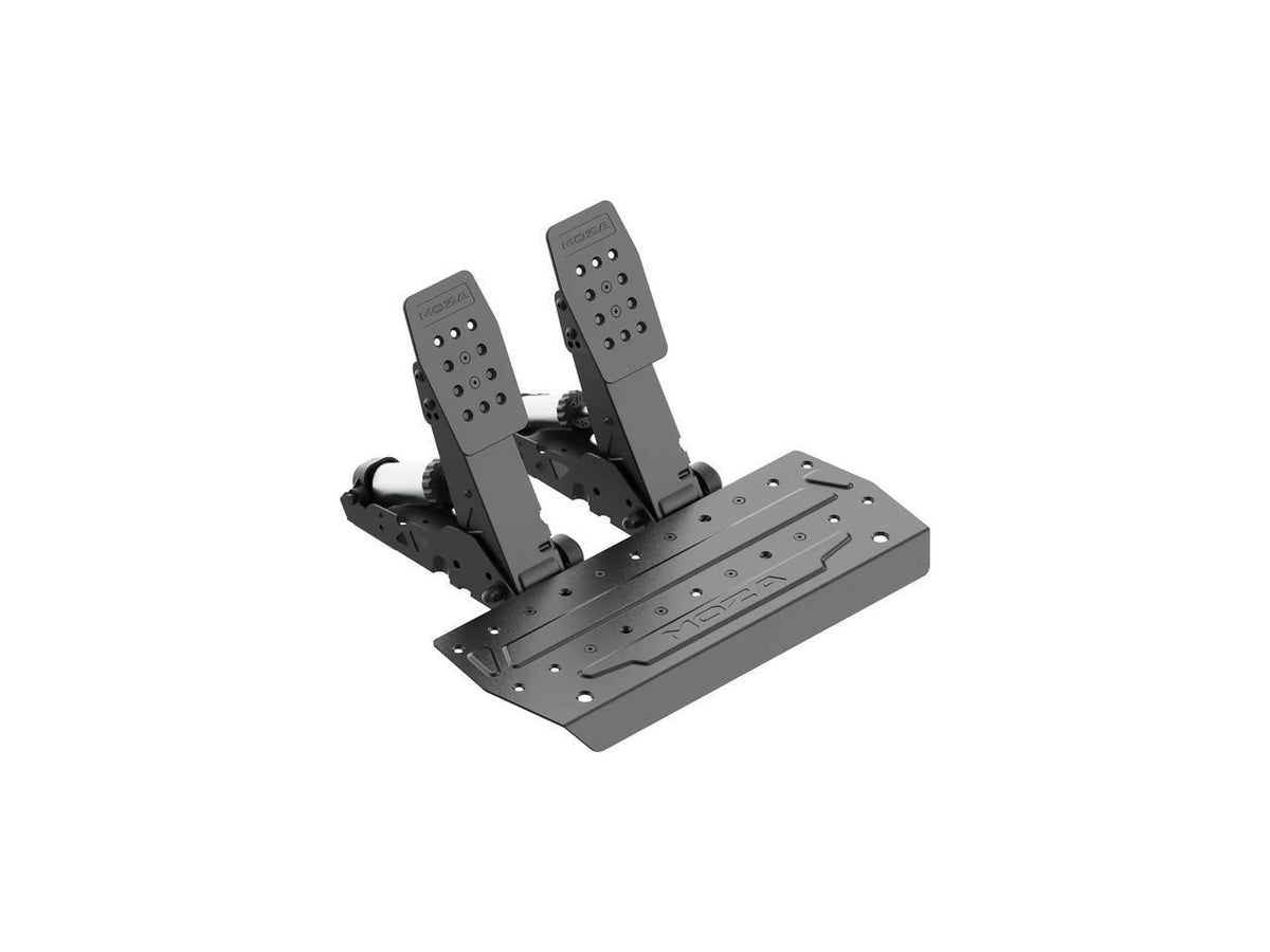 Side angle view of Moza SRP2 pedals showing durable metal construction