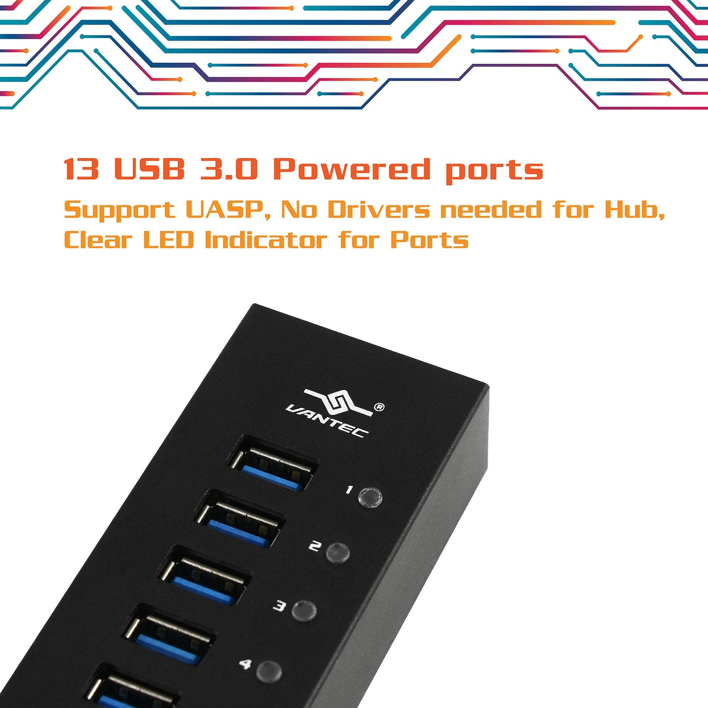 vantec 13-port usb 3.0 hub, aluminum, full powered, mountable, with all ports