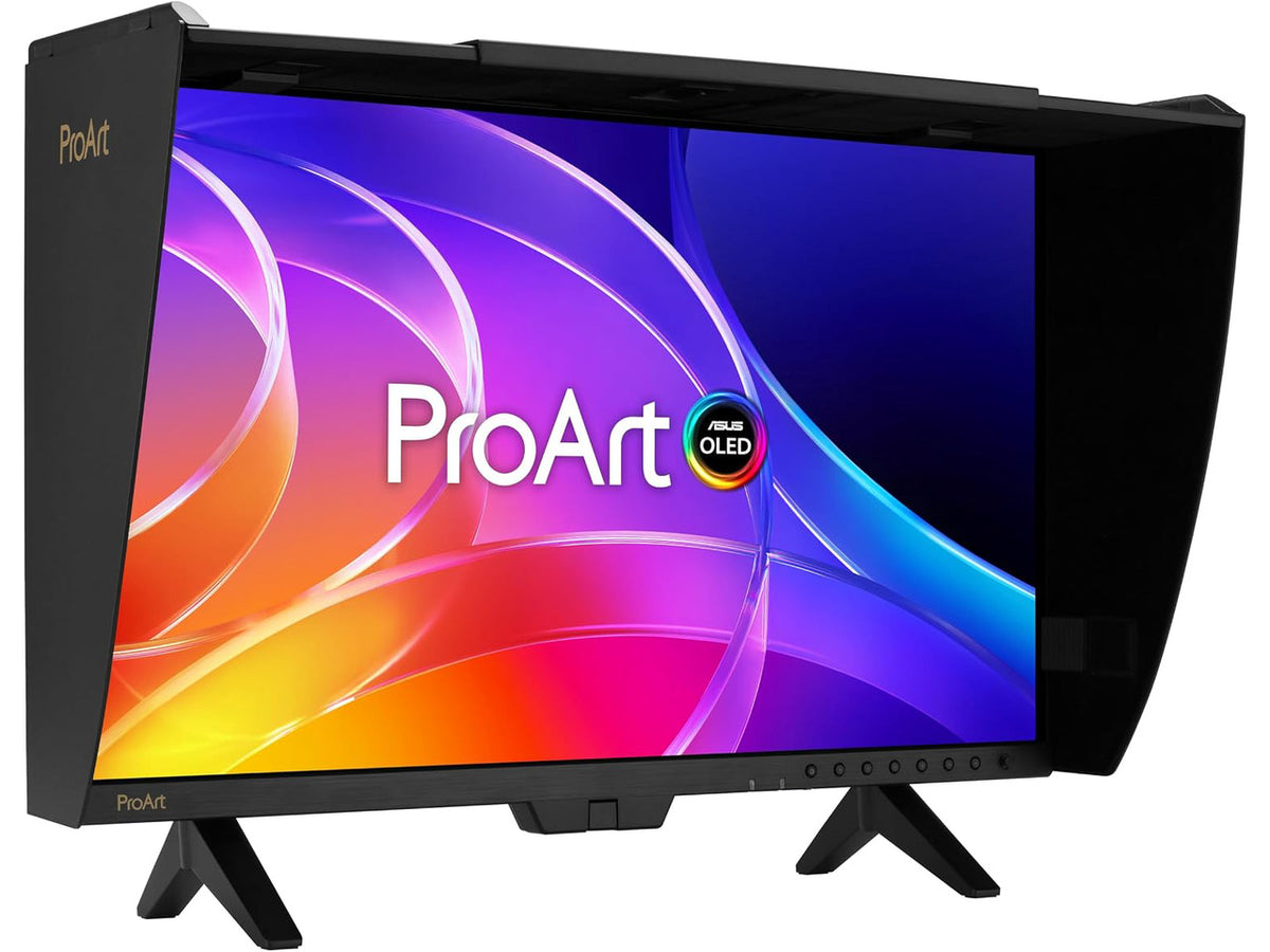 ASUS ProArt PA27USD monitor profile side view showing slim QD-OLED display