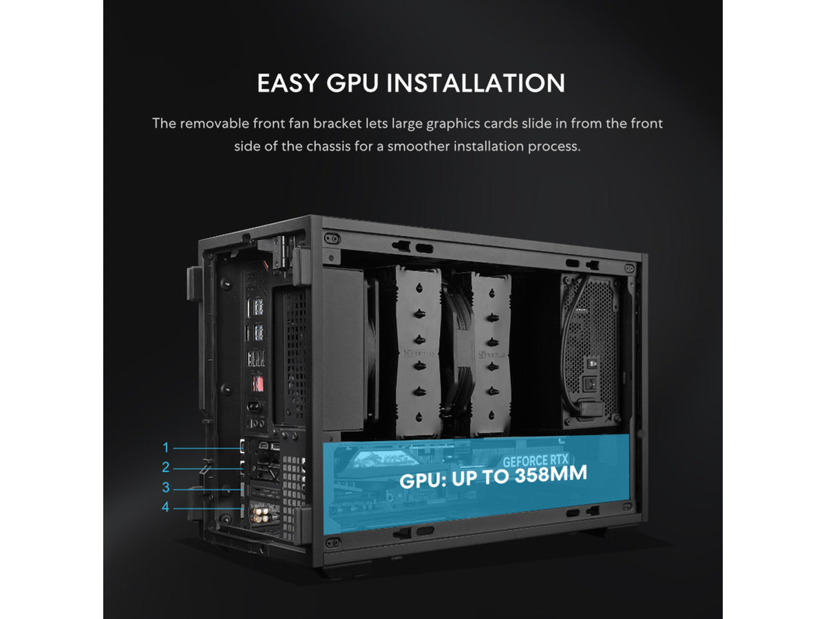 Rear and cooling fan layout of the B4-mATX 21.3L black wood PC case