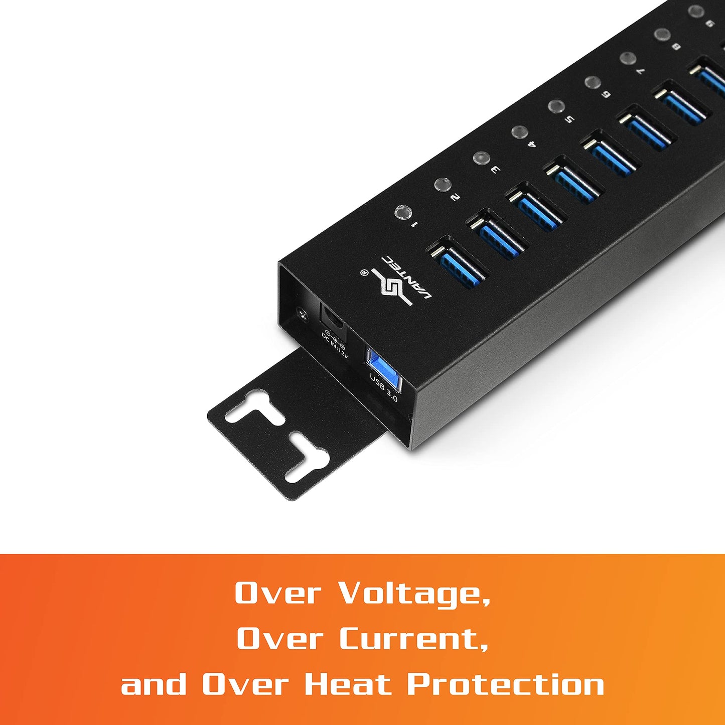 vantec 13-port usb 3.0 hub, aluminum, full powered, mountable, with all ports