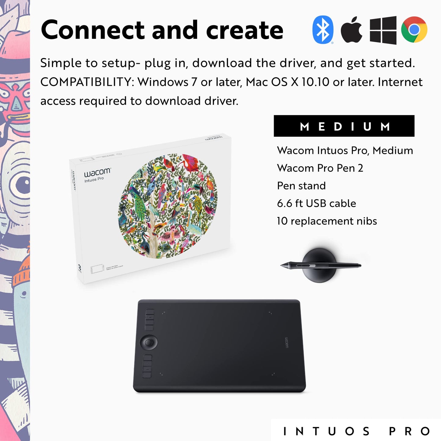 Wacom Intuos Pro Medium Bluetooth Graphics Drawing Tablet, 8 Customizable