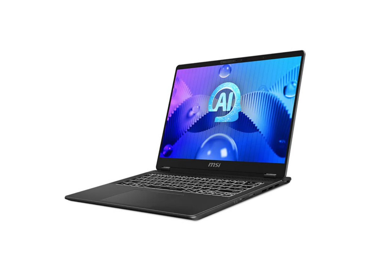 Left side profile of MSI Prestige 14 AI Studio highlighting thin design and ports