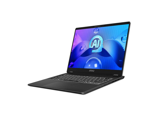 Left side profile of MSI Prestige 14 AI Studio highlighting thin design and ports