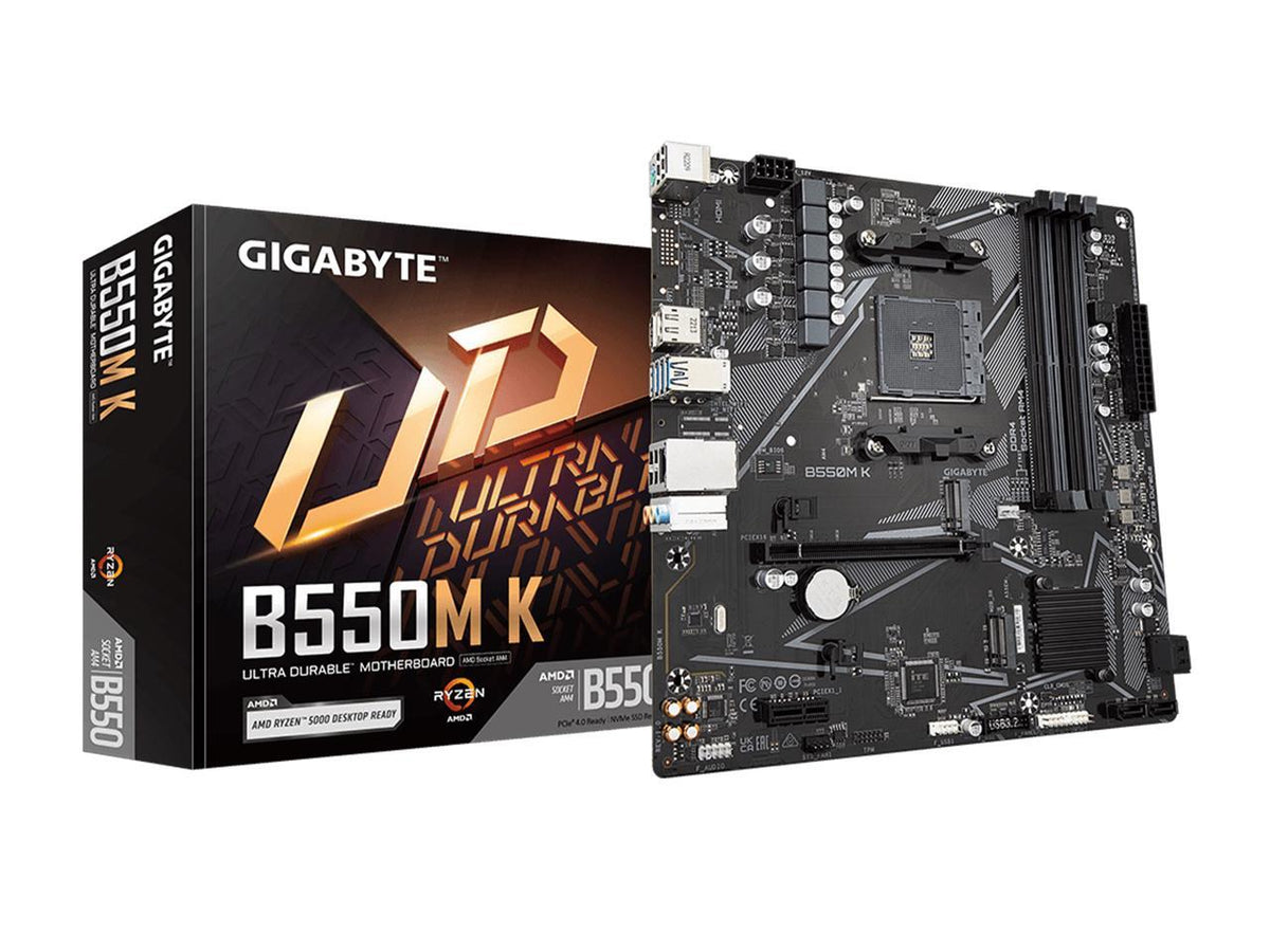 AMD B550M K Micro-ATX motherboard angled view with CPU socket, PCIe x16, M.2 slot and VRM heatsink, PCIe 4.0 ready