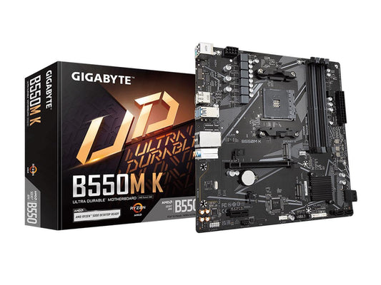 AMD B550M K Micro-ATX motherboard angled view with CPU socket, PCIe x16, M.2 slot and VRM heatsink, PCIe 4.0 ready