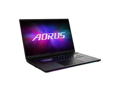 GIGABYTE AORUS Master 16 side profile showing USB, HDMI and ventilation ports, gaming laptop connectivity