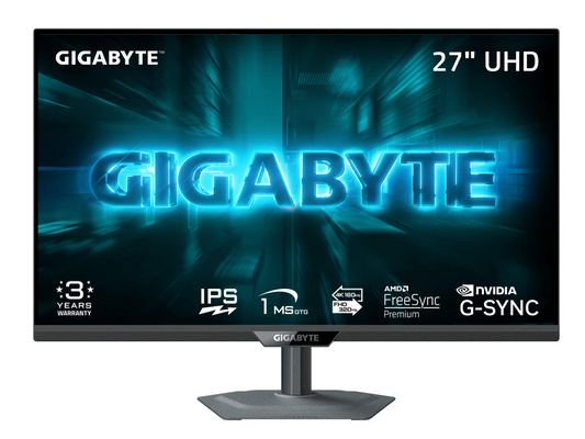 GIGABYTE 27-inch Dual Mode UHD 4K monitor front view displaying vibrant desktop wallpaper, 160Hz IPS HDR400