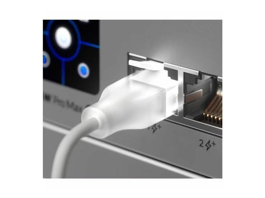 Close up view of the RJ45 connector on a white Ubiquiti UniFi patch cable.