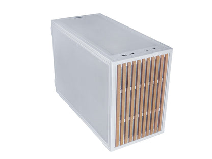 Lian-Li B4W-WD B4 mATX case in white with wood accent front panel view