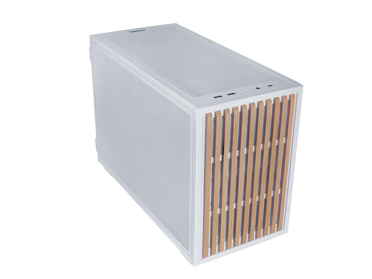 Lian-Li B4W-WD B4 mATX case in white with wood accent front panel view