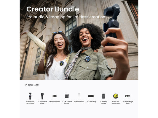 Close up of the Insta360 Luna Ultra Creator Bundle accessory kit