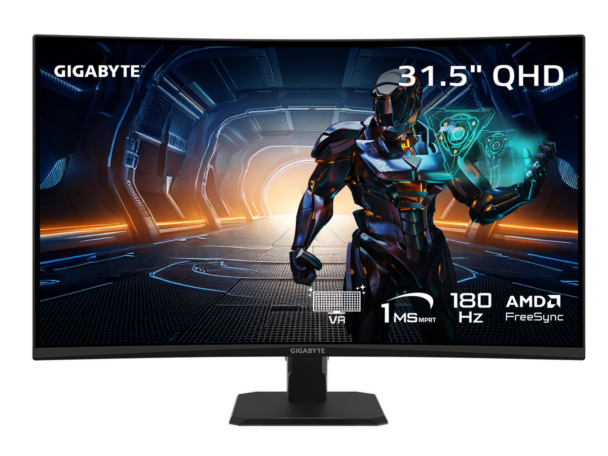 Gigabyte GS32QCA 31.5" curved gaming monitor front view on stand, QHD 2560x1440 VA panel, 180Hz