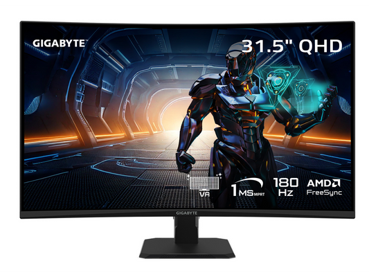 Gigabyte GS32QCA 31.5" curved gaming monitor front view on stand, QHD 2560x1440 VA panel, 180Hz