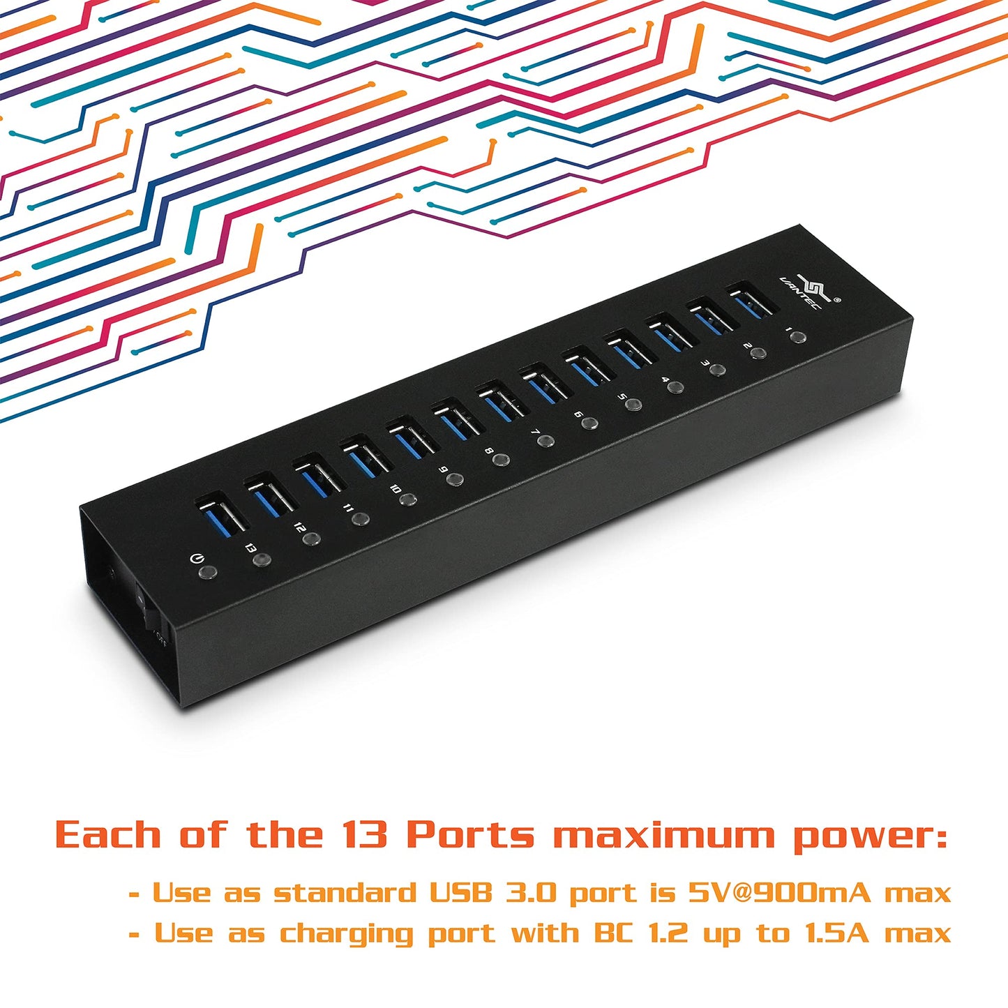 vantec 13-port usb 3.0 hub, aluminum, full powered, mountable, with all ports