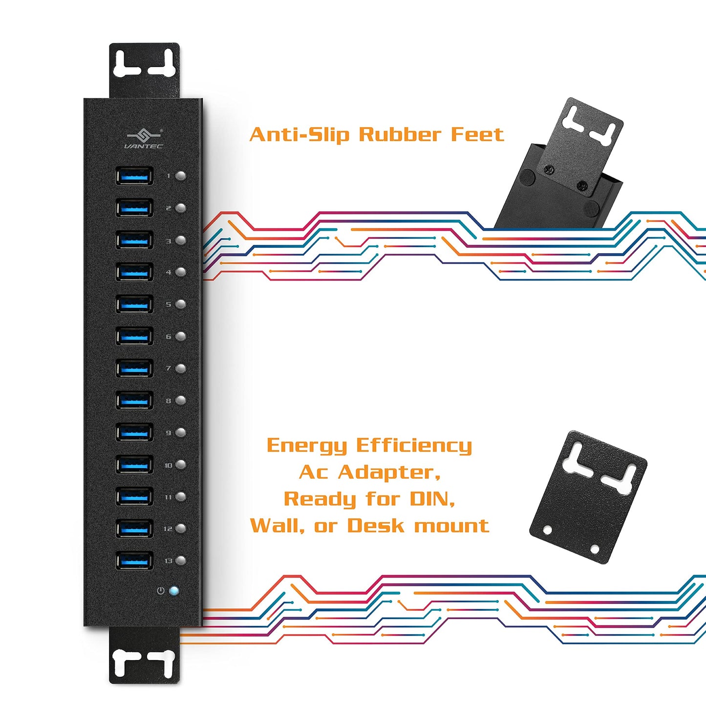 vantec 13-port usb 3.0 hub, aluminum, full powered, mountable, with all ports