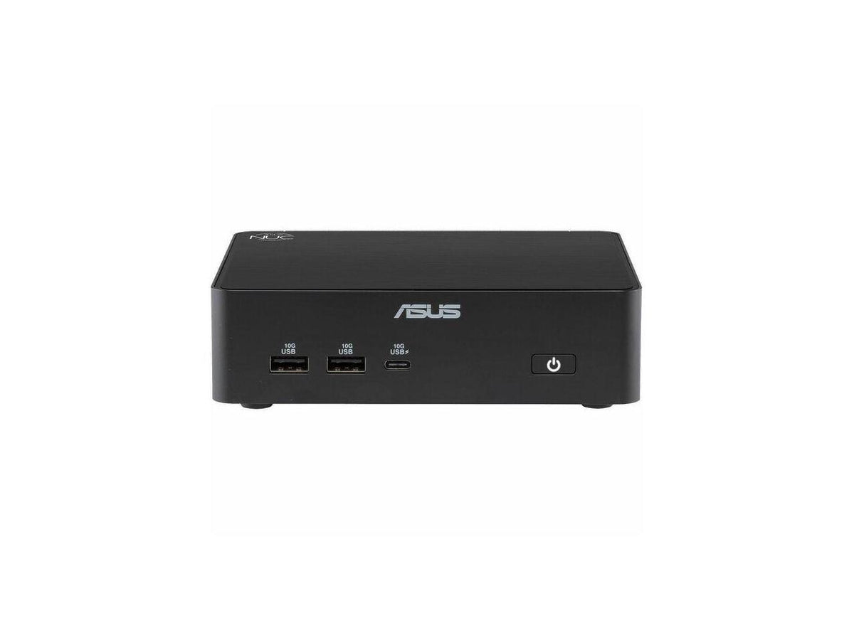 ASUS NUC 16 Pro barebone mini PC front angled view, compact black chassis, power button and I/O ports visible