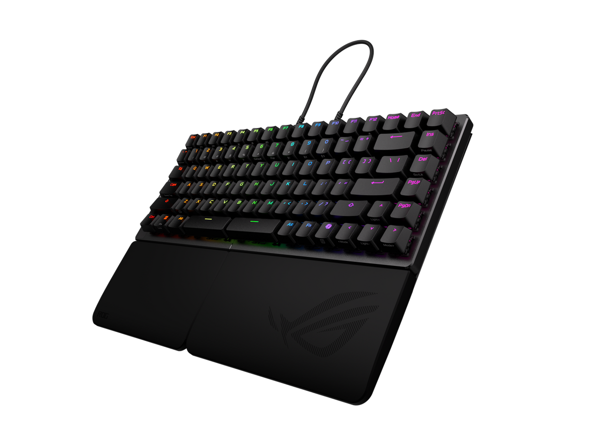 Side angle of the compact 75% ASUS ROG Falcata wireless gaming keyboard