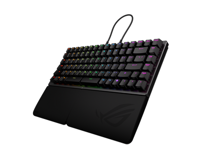 Side angle of the compact 75% ASUS ROG Falcata wireless gaming keyboard