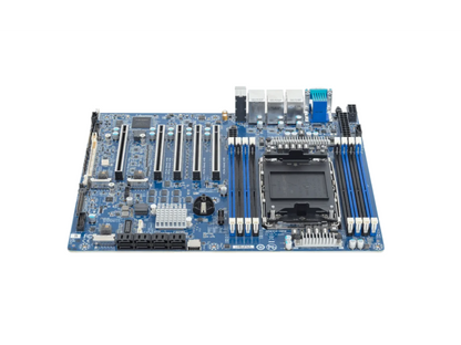 Close-up on GIB MW54-HP0 CPU socket area with VRM heatsinks and power delivery components for Intel Xeon CPUs