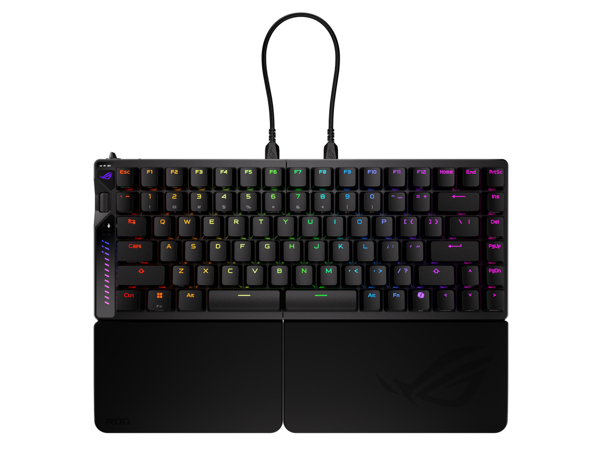 Top view of the ASUS ROG Falcata 75% wireless split gaming keyboard on a desk