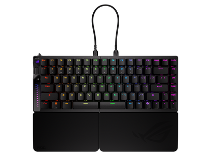 Top view of the ASUS ROG Falcata 75% wireless split gaming keyboard on a desk