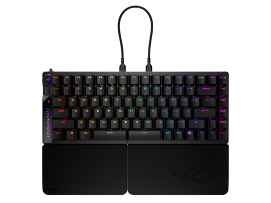 Top view of the ASUS ROG Falcata 75% wireless split gaming keyboard on a desk