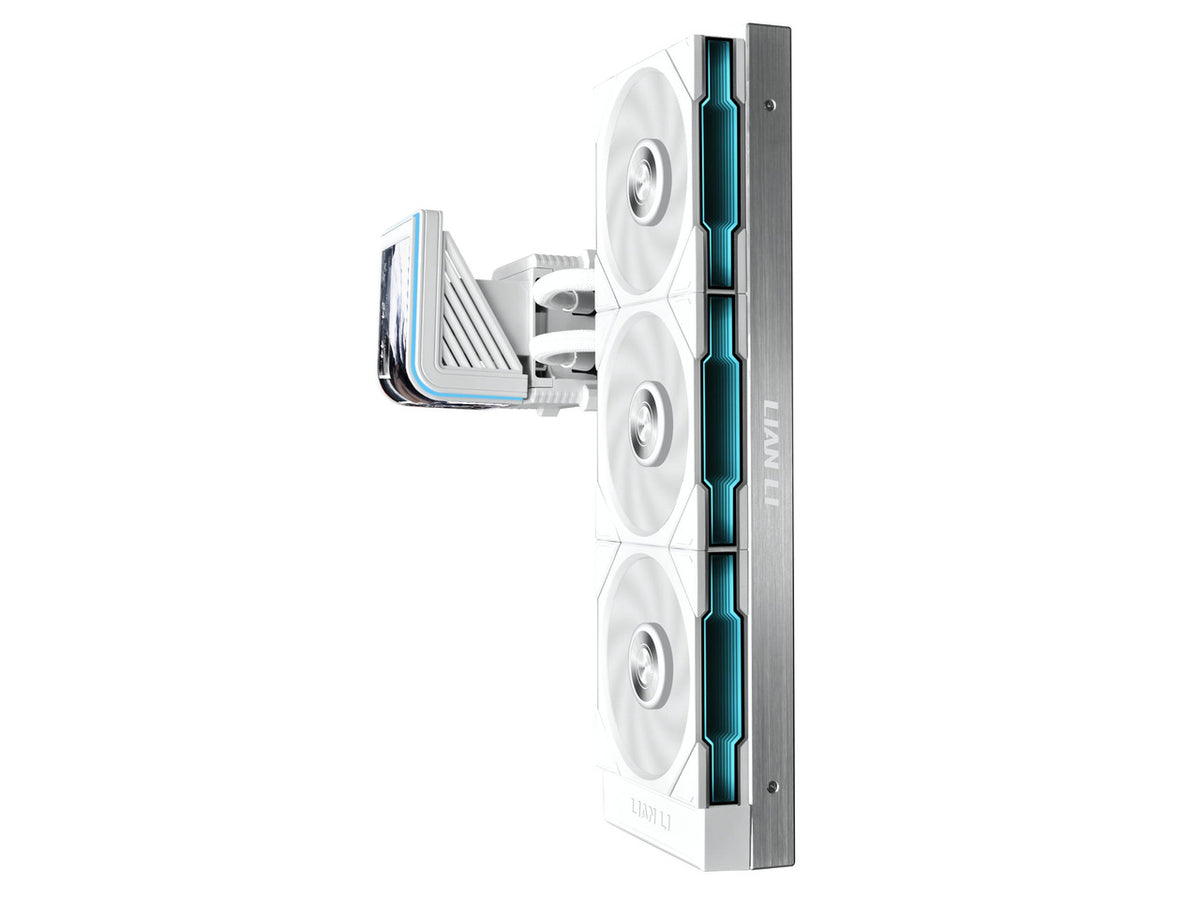 Lian Li HydroShift II 360mm white radiator and fans assembly view