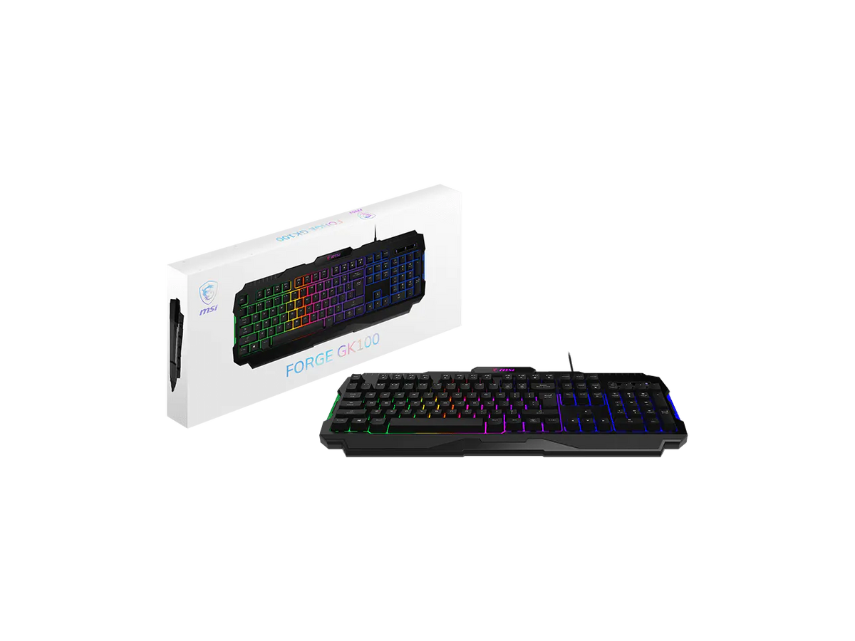 Top-down view of the MSI FORGE GK100 R wired gaming keyboard with RGB lighting enabled