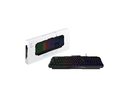 Top-down view of the MSI FORGE GK100 R wired gaming keyboard with RGB lighting enabled