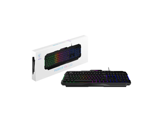 Top-down view of the MSI FORGE GK100 R wired gaming keyboard with RGB lighting enabled