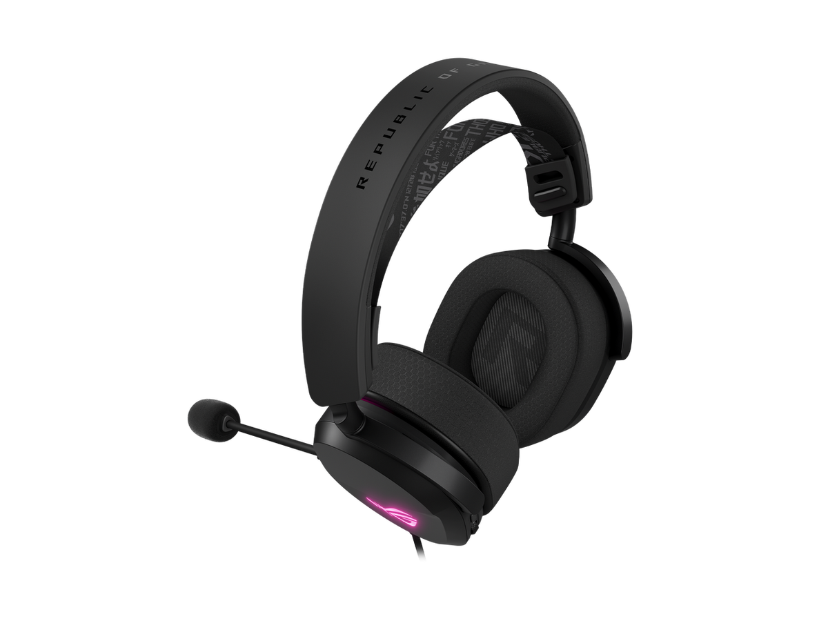 Close-up of the ASUS ROG branding on the Pelta gaming headset
