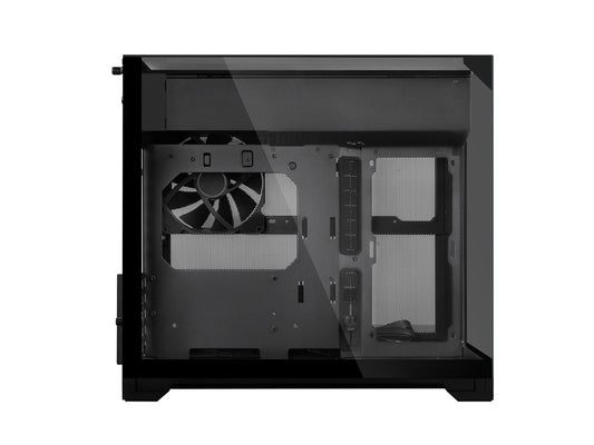 Side angle of the Lian-Li O11 Vision-M black chassis showcasing glass visibility