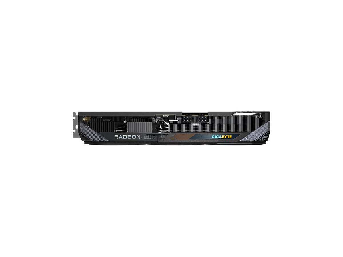 I/O bracket of GIGABYTE RX 9070 Gaming OC showing DisplayPort and HDMI outputs with vented exhaust