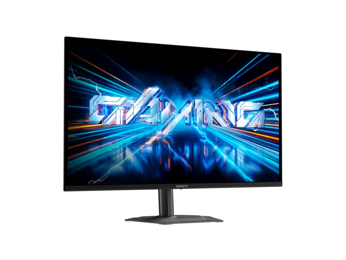 GIGABYTE 27\" monitor rear I/O close-up with HDMI, DisplayPort and power input on slim chassis