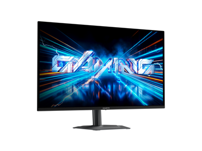 GIGABYTE 27\" monitor rear I/O close-up with HDMI, DisplayPort and power input on slim chassis