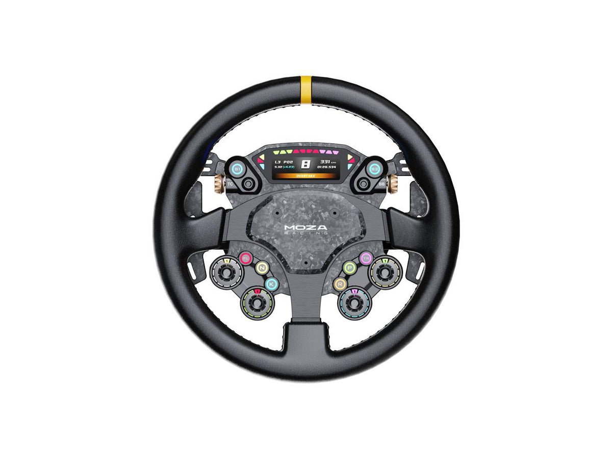 Front view of the black Moza Racing CS Pro sim racing steering wheel