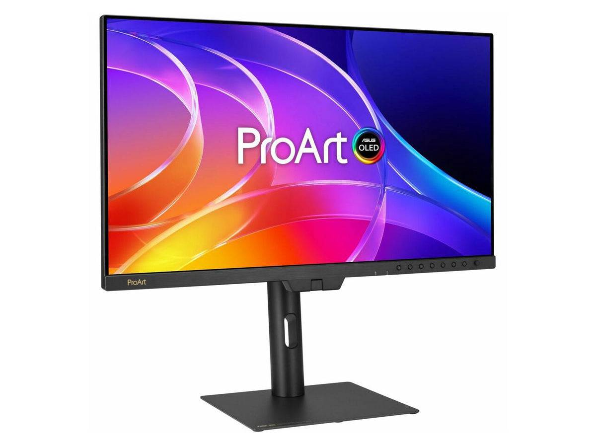 Side angle view of the ASUS ProArt PA32USD professional monitor with adjustable stand
