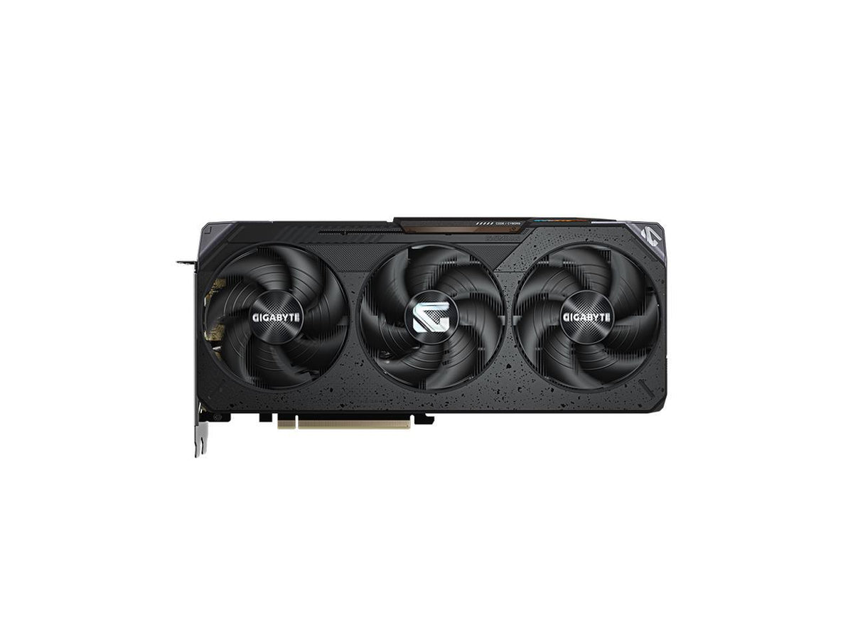 GIGABYTE Radeon RX 9070 Gaming OC triple-fan front angle showing three axial fans and triple-slot shroud
