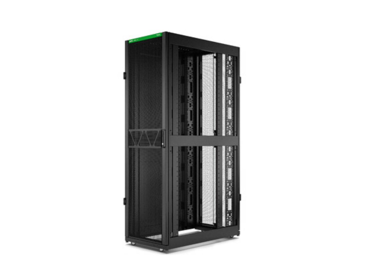 Rear view of APC AR3100B2 42U server rack showing ventilation and cable management