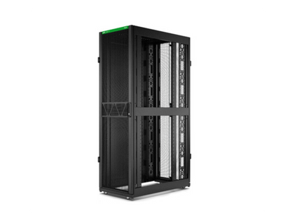Rear view of APC AR3100B2 42U server rack showing ventilation and cable management