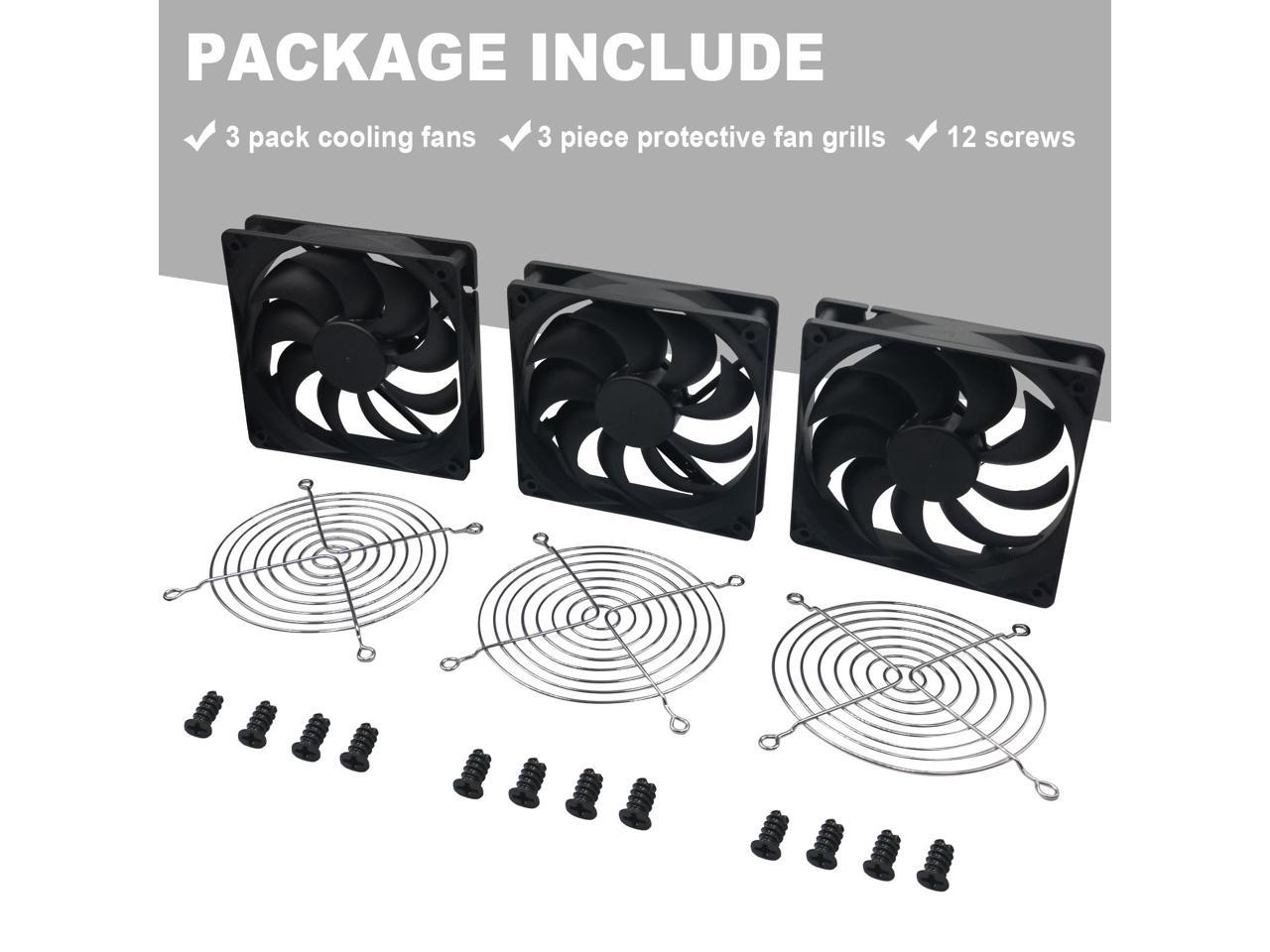 3-Pack 120mm 12V DC High Airflow Computer PC Case Fan 120x120x25mm 3Pin 4.72inch Dual Ball Bearing Brushless Exhaust Cooling Fan for Mining Rig Frame Rack Air Miner PSU with Metal Guard 3000RPM