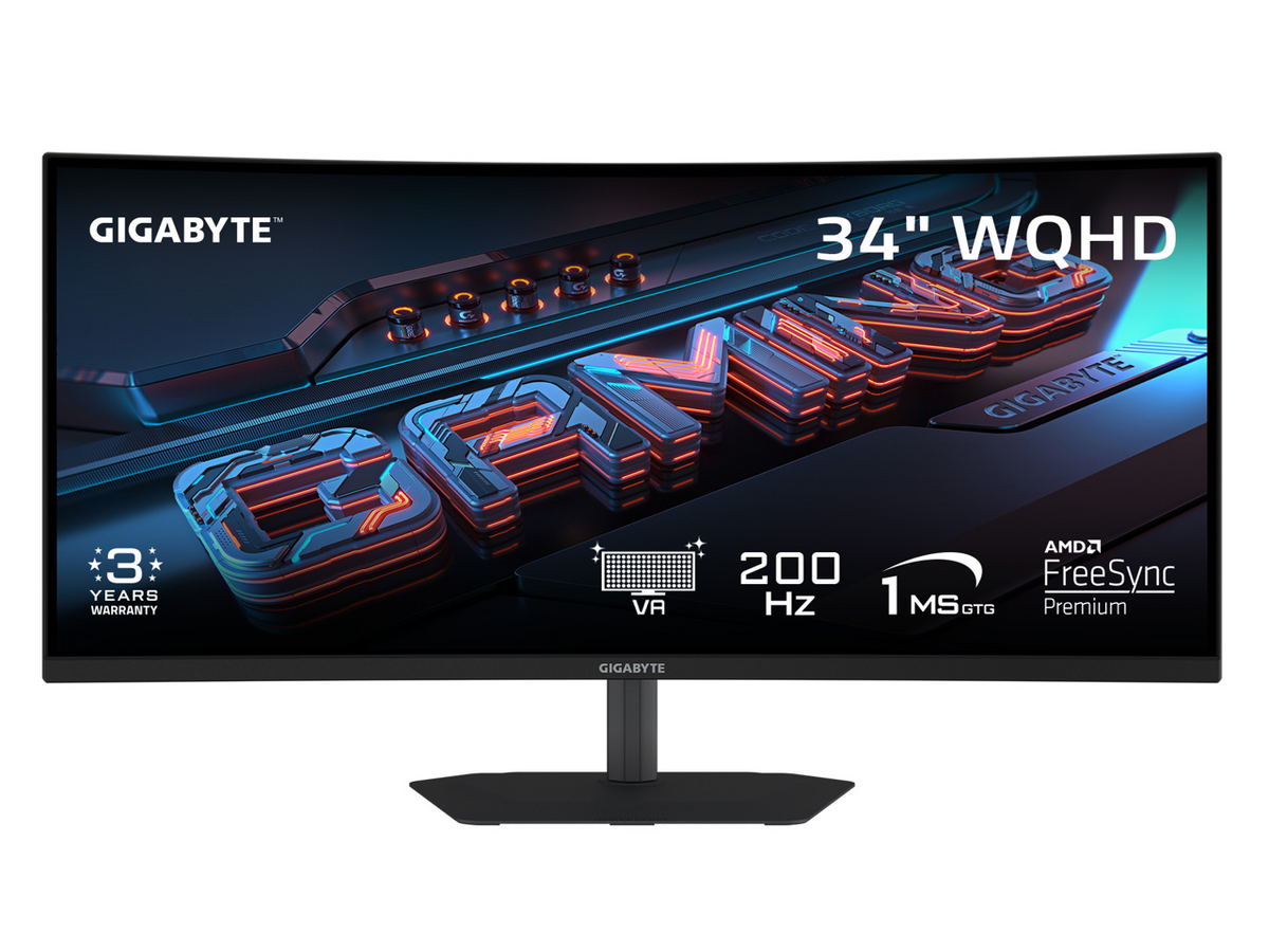 Gigabyte G34WQC2 34-inch ultrawide curved gaming monitor front view, WQHD 200Hz VA panel